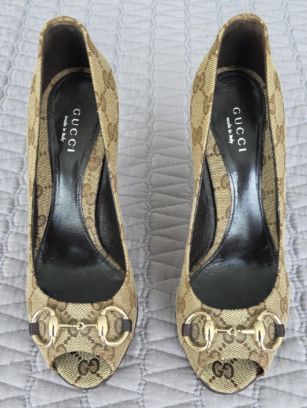 Gucci Brown GG Canvas Peep-Toe Heels with Gold Horsebit